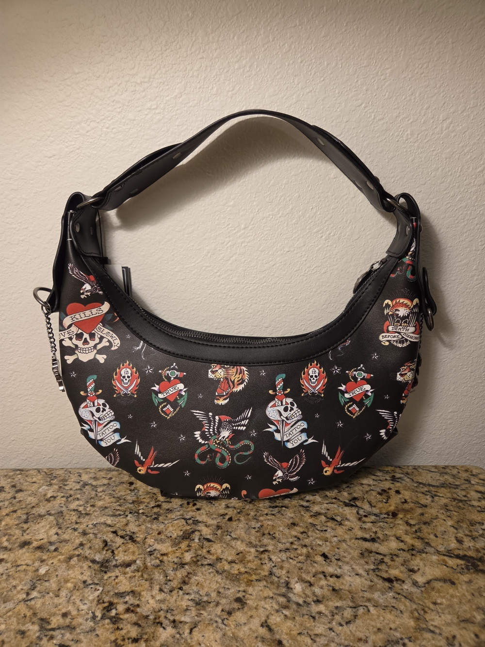 Ed Hardy Black Tattoo Motif Shoulder Bag with Red & White Accents